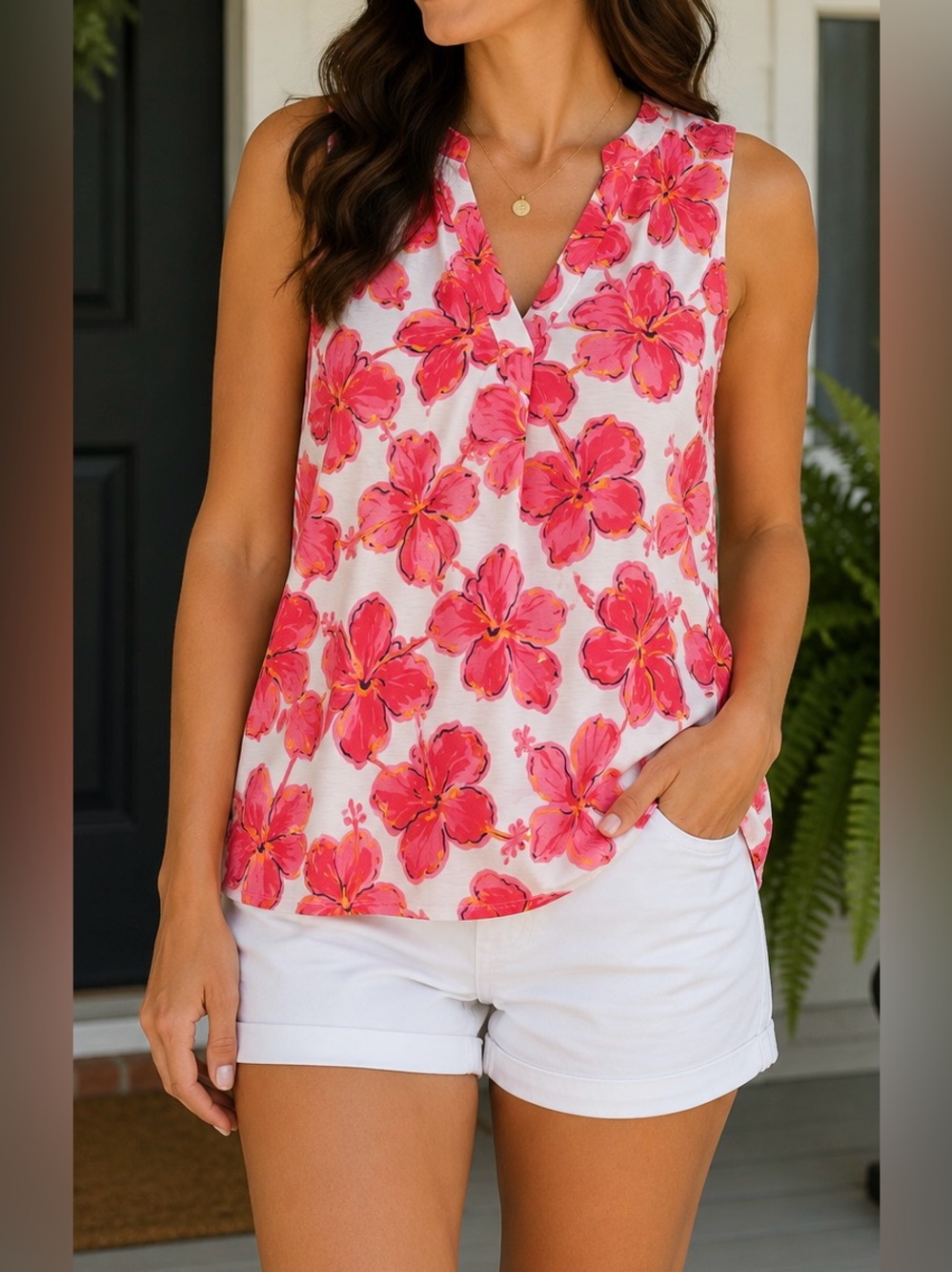 Simply Southern Pink and Orange Floral V-Neck Blouse - Size L